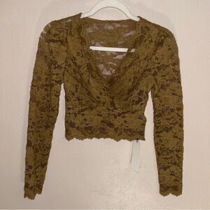 Dazy Brown Lace Long Sleeve Crop Top Women’s Sheer Floral Stretchy grunge goth